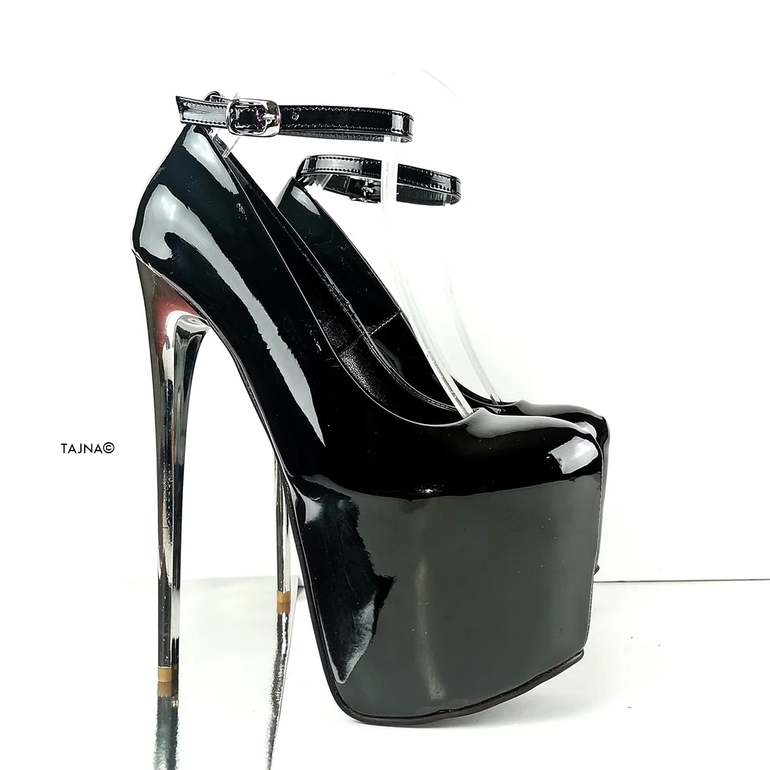 Ankle Strap Black Patent Metallic Heels