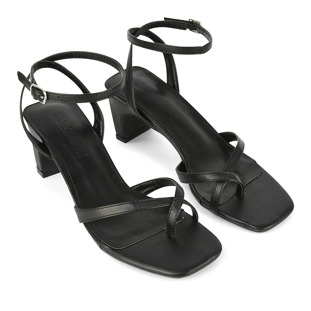 August Toe Post Low Mid-Block Heel Square Toe Ankle Strap Sandals in Black Faux Leather