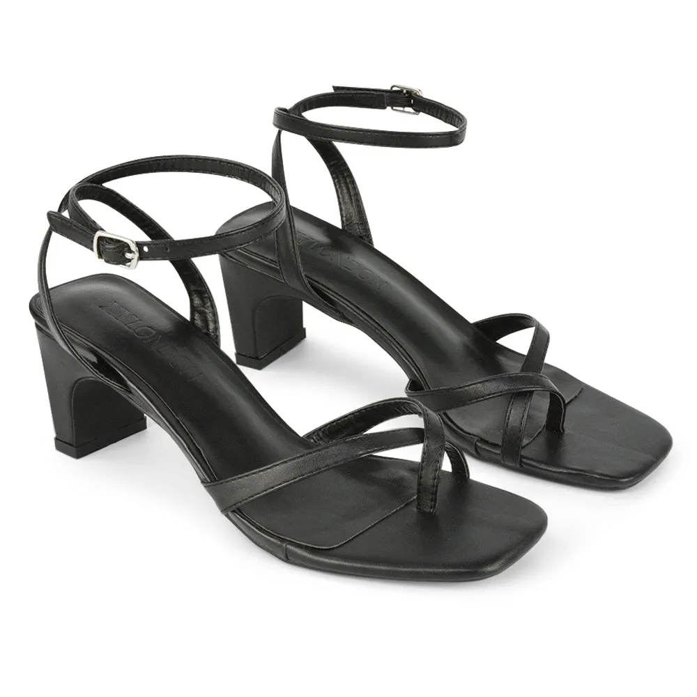 August Toe Post Low Mid-Block Heel Square Toe Ankle Strap Sandals in Black Faux Leather