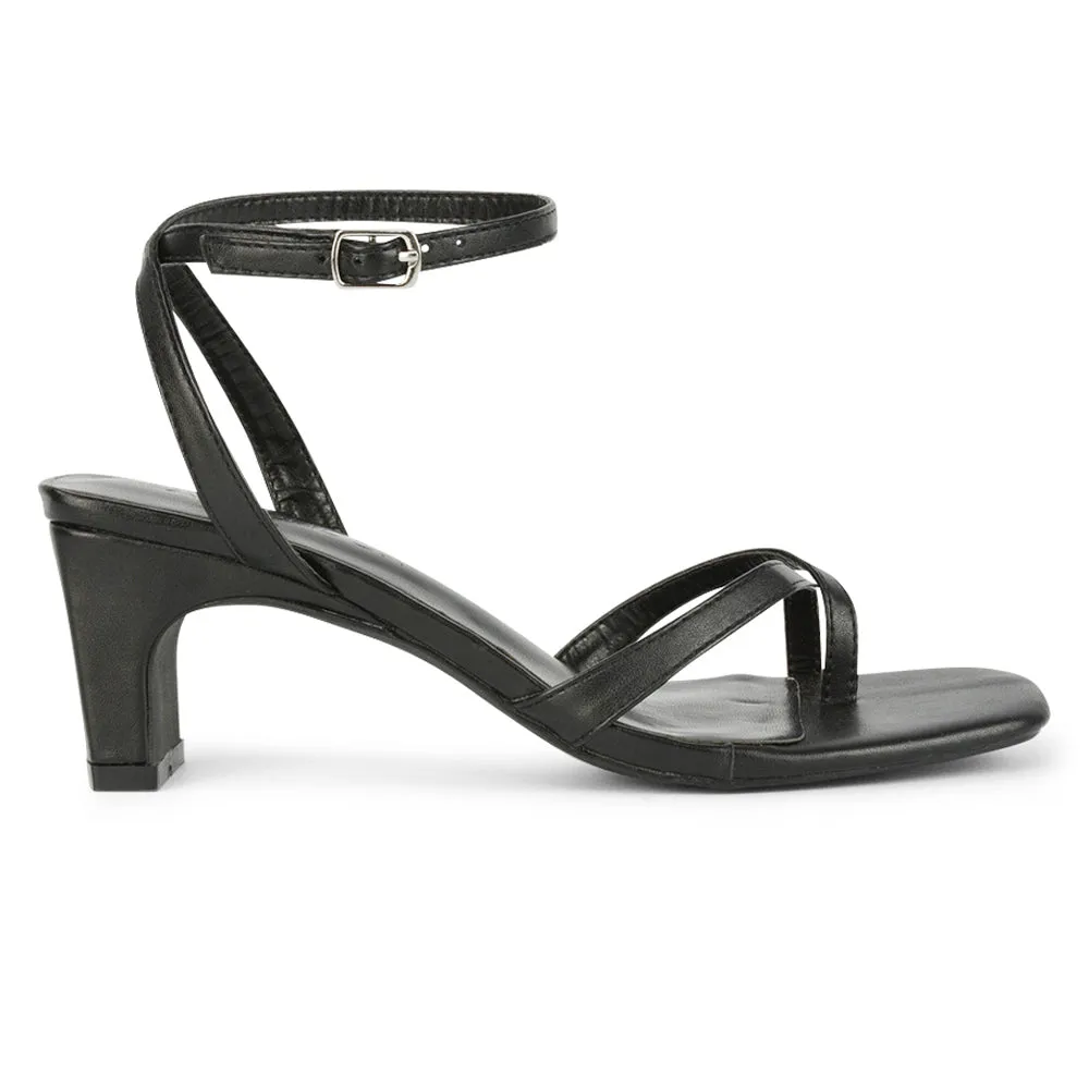 August Toe Post Low Mid-Block Heel Square Toe Ankle Strap Sandals in Black Faux Leather