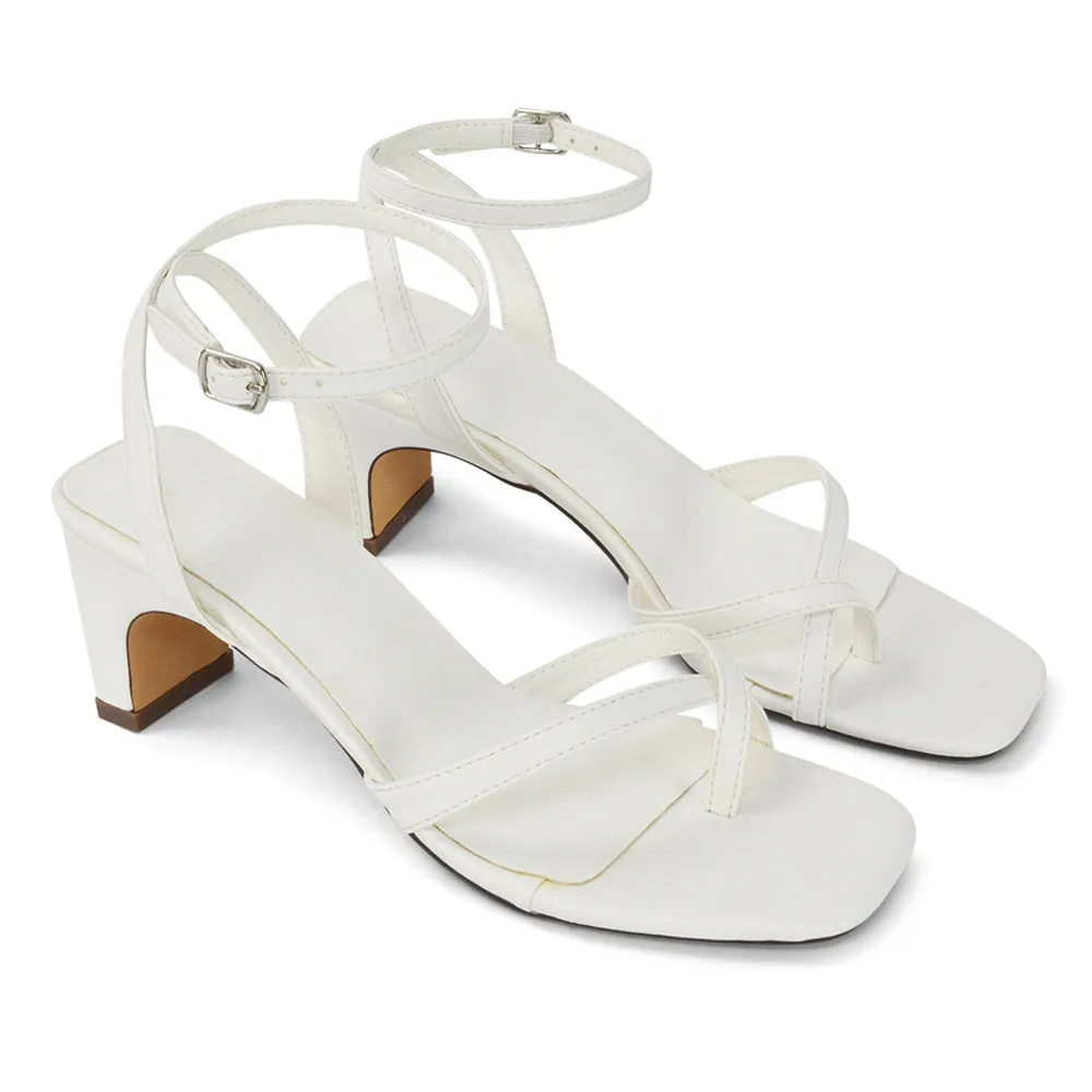 August Toe Post Low Mid-Block Heel Square Toe Ankle Strap Sandals in White Faux Leather