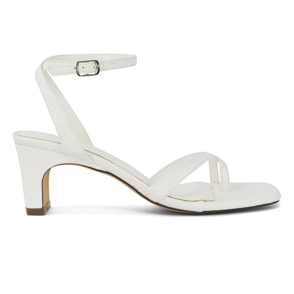 August Toe Post Low Mid-Block Heel Square Toe Ankle Strap Sandals in White Faux Leather