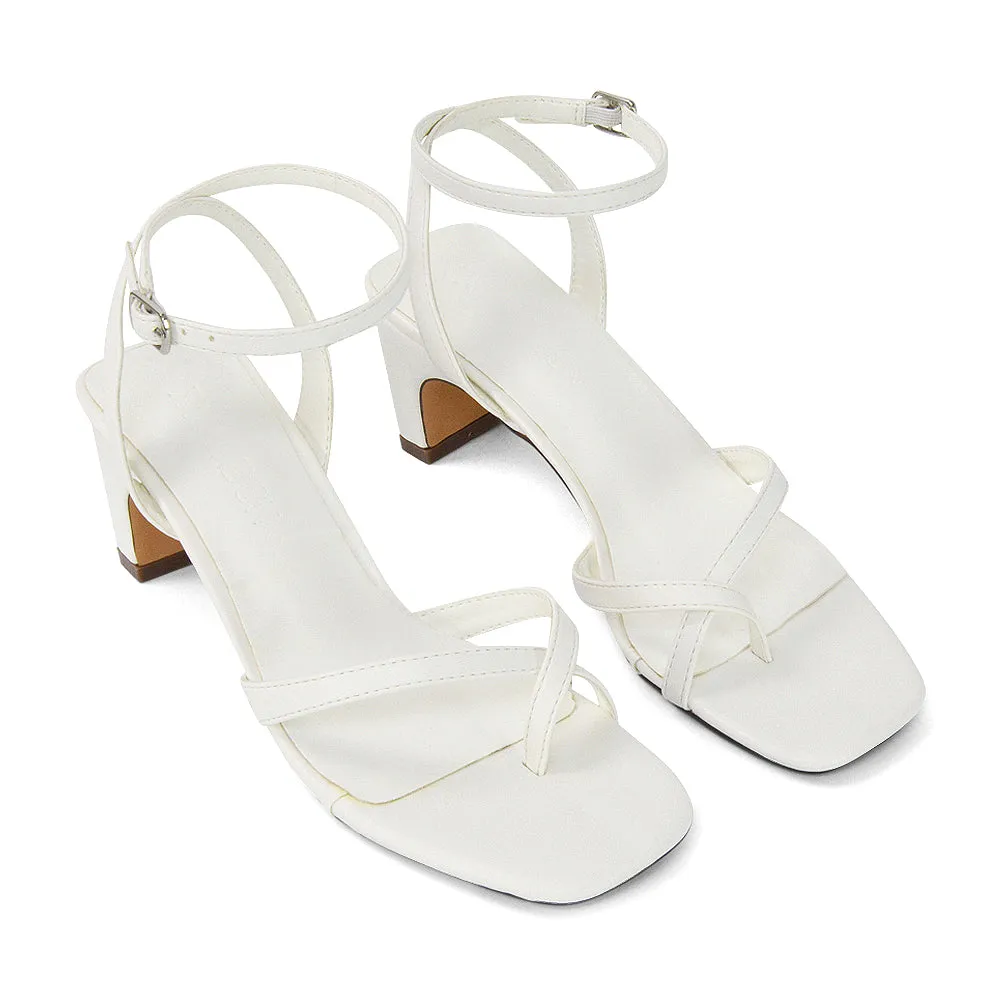 August Toe Post Low Mid-Block Heel Square Toe Ankle Strap Sandals in White Faux Leather