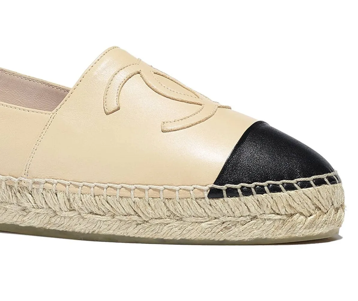 Beige and Black Leather Espadrilles