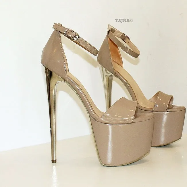 Beige Patent Leather Peep Toe Platform Shoes