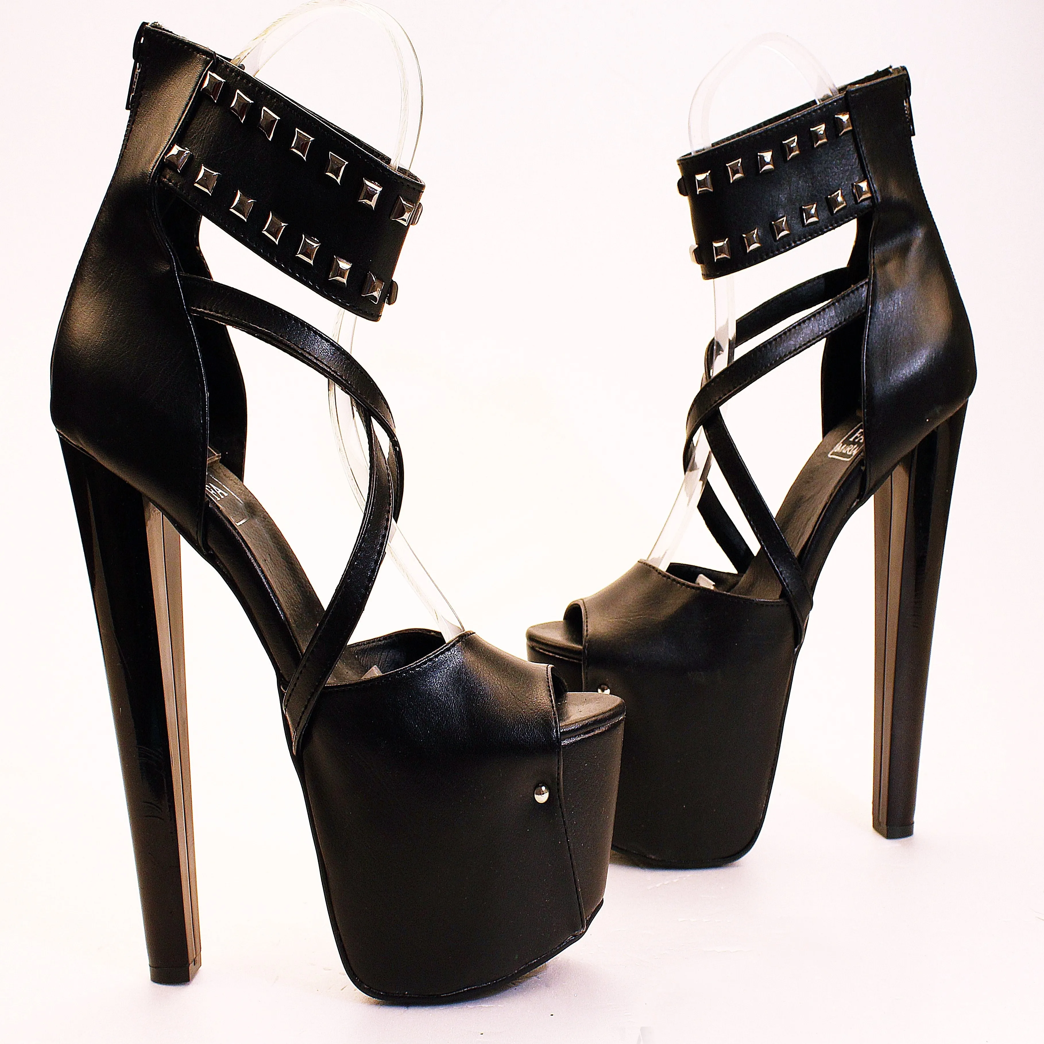 Black Pinned Strap High Heel Platform Ankle Shoes