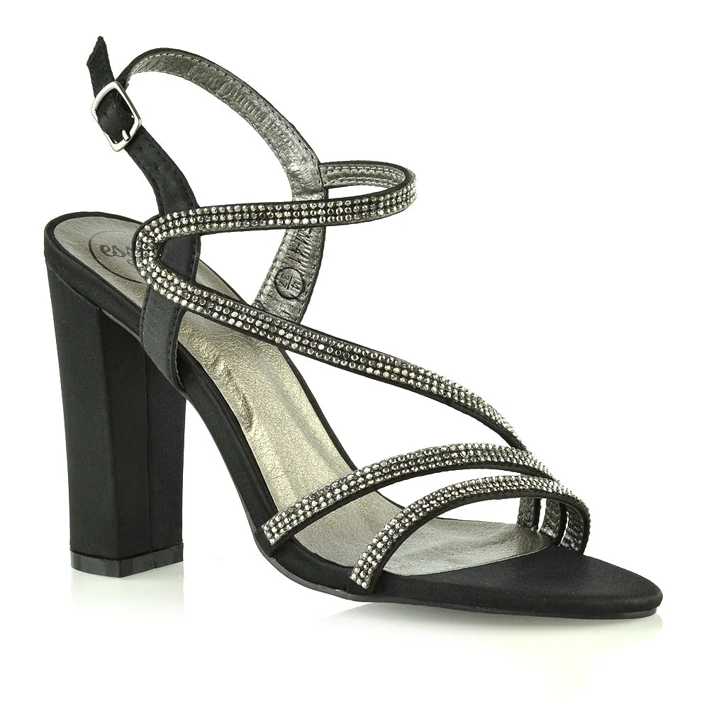 Blythe Cross Over Detail Strappy Diamante Block High Heel Sandals In Silver