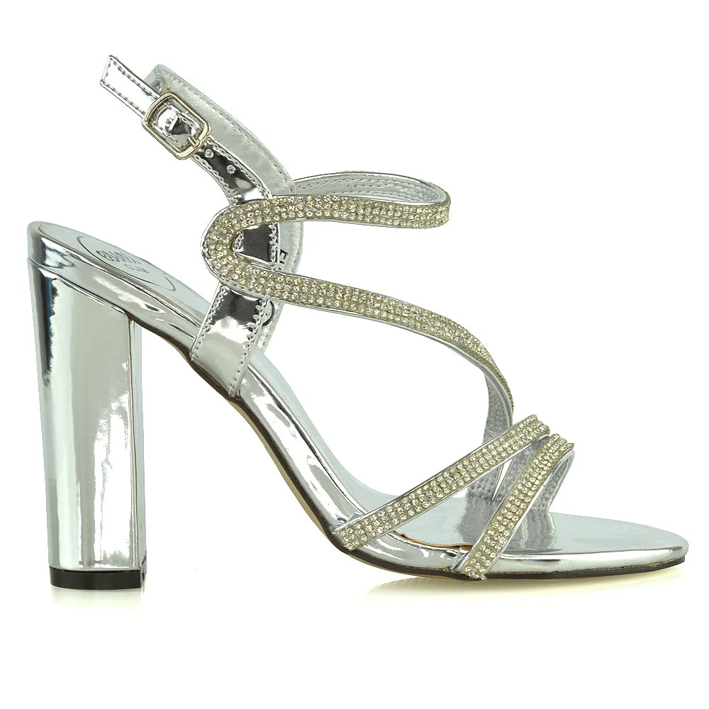 Blythe Cross Over Detail Strappy Diamante Block High Heel Sandals In Silver