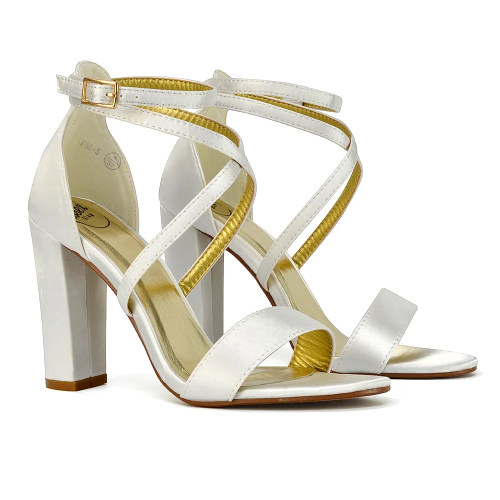 BRIELLA CROSS OVER FRONT STRAPPY BLOCK HIGH HEEL SANDALS IN IVORY SATIN