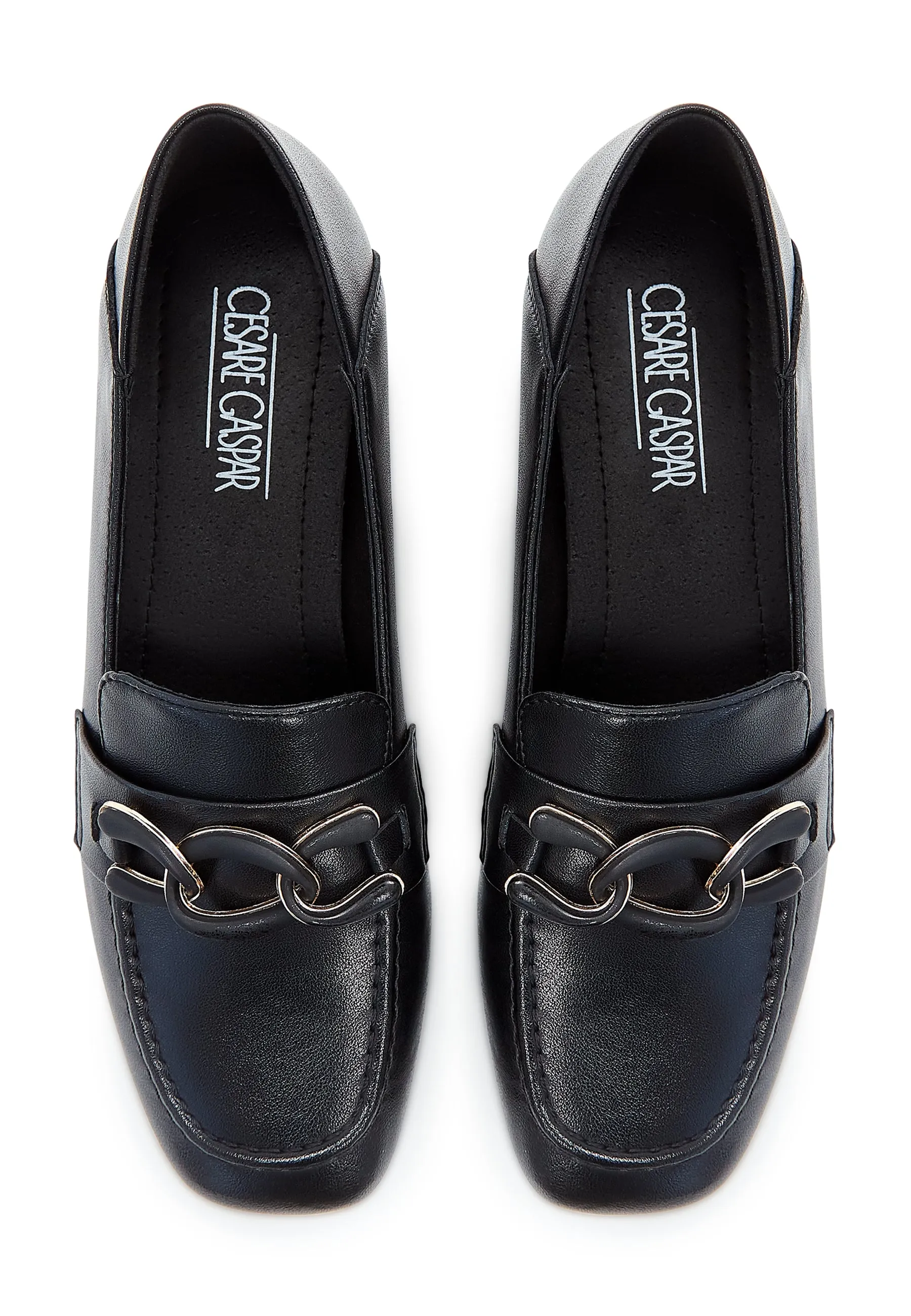 Chain Embellished Leather Loafers - Black