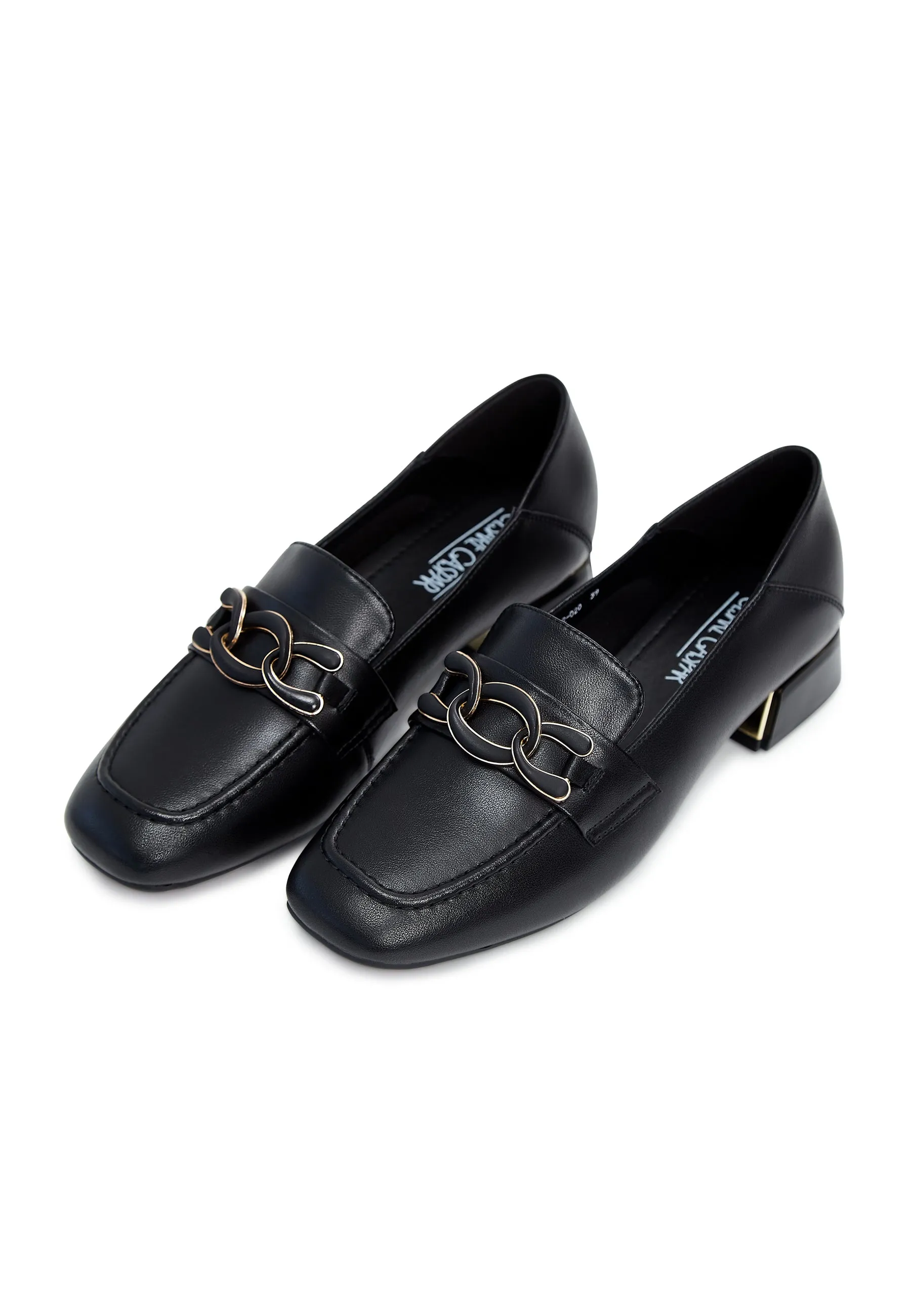 Chain Embellished Leather Loafers - Black