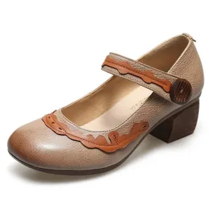 Classic Retro Mixed Colors Non-slip Thick Heel Comfortable Genuine Leather Shoes