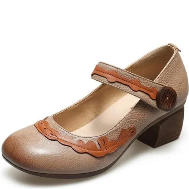 Classic Retro Mixed Colors Non-slip Thick Heel Comfortable Genuine Leather Shoes