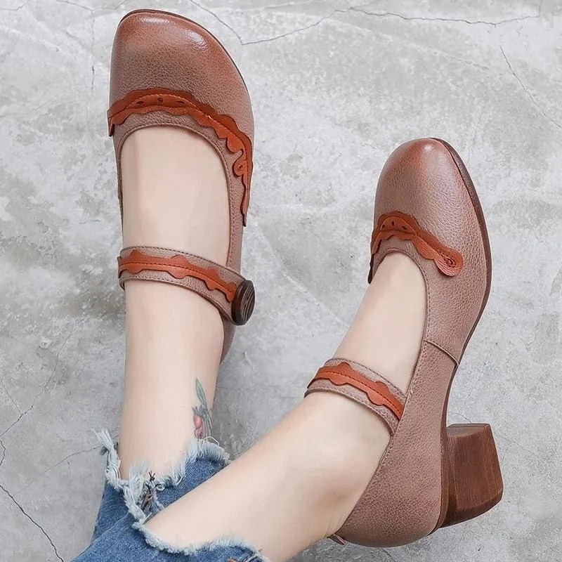 Classic Retro Mixed Colors Non-slip Thick Heel Comfortable Genuine Leather Shoes