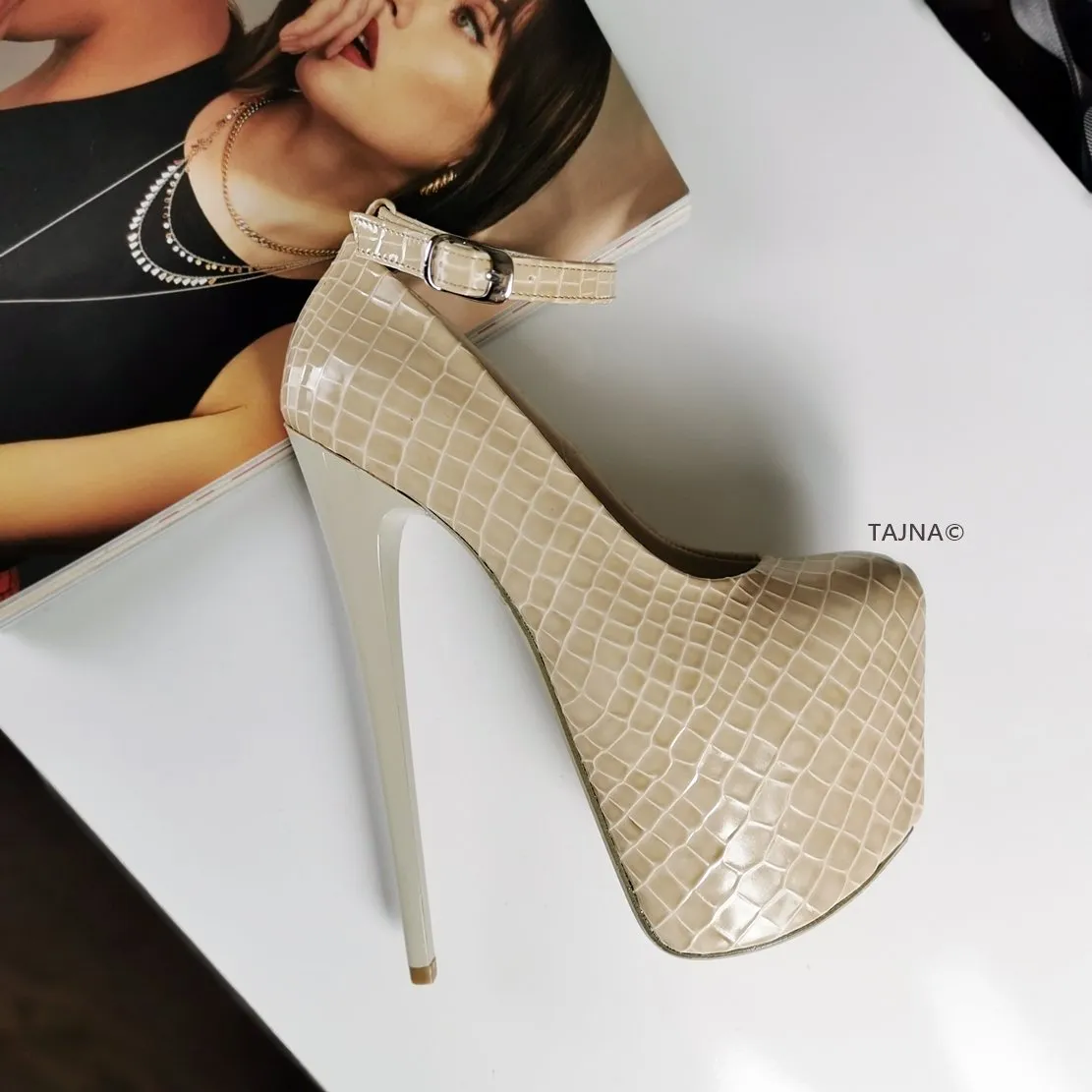 Cream Croco Ankle Strap Heels