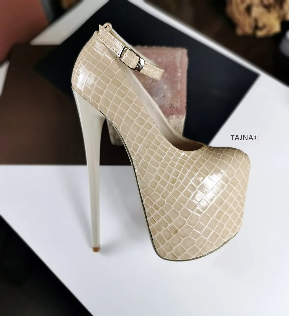 Cream Croco Ankle Strap Heels