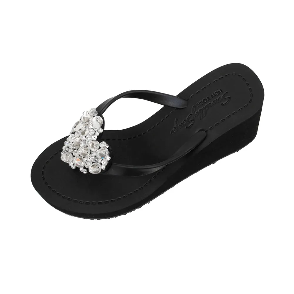 Crystal Heart - Rhinestone High Heeled Wedge Flip Flops Womens Embellished Sandals