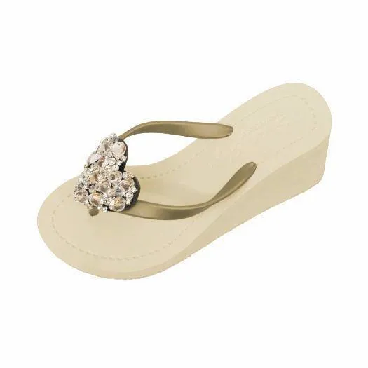 Crystal Heart - Rhinestone High Heeled Wedge Flip Flops Womens Embellished Sandals