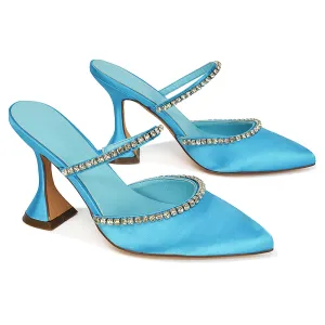 Deena Pointed Toe Diamante Flared High Heel Court Shoe Mule in Blue Satin