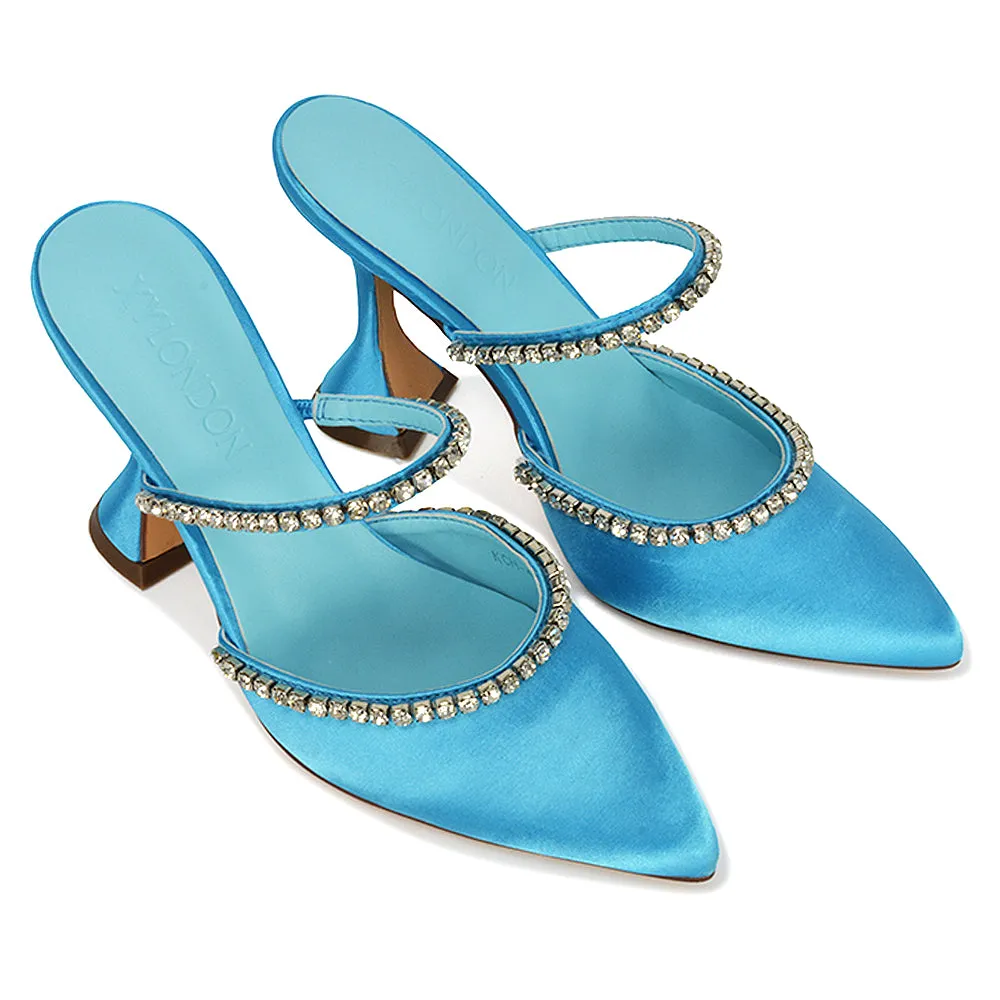 Deena Pointed Toe Diamante Flared High Heel Court Shoe Mule in Blue Satin