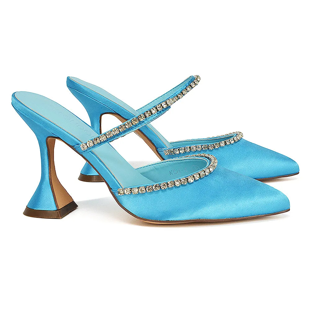 Deena Pointed Toe Diamante Flared High Heel Court Shoe Mule in Blue Satin