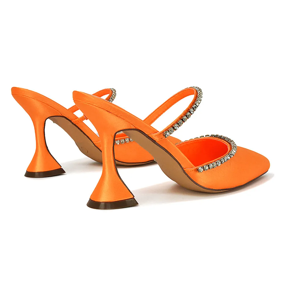 Deena Pointed Toe Diamante Flared High Heel Court Shoe Mule in Orange Satin