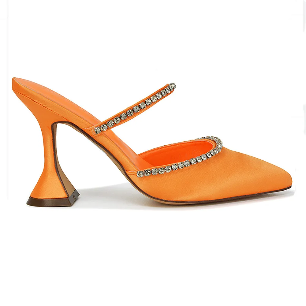 Deena Pointed Toe Diamante Flared High Heel Court Shoe Mule in Orange Satin