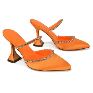 Deena Pointed Toe Diamante Flared High Heel Court Shoe Mule in Orange Satin