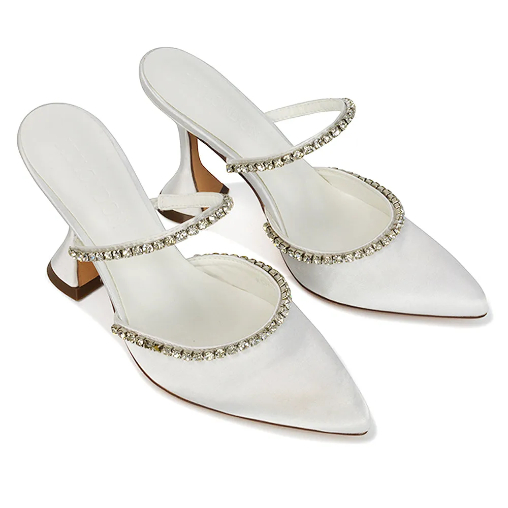 Deena Pointed Toe Diamante Flared High Heel Court Shoe Mule in White Satin