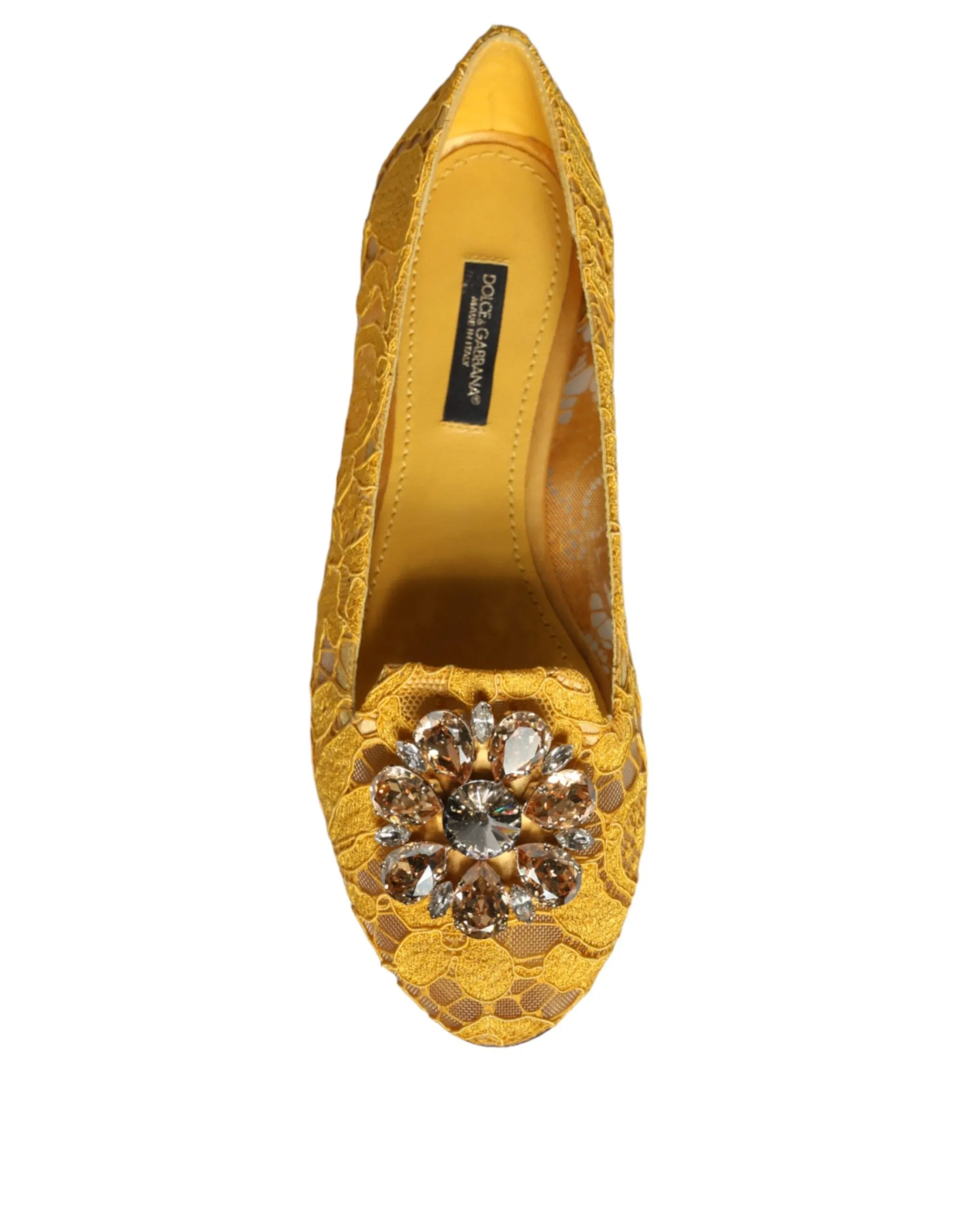 Dolce & Gabbana Mustard Lace Crystal Ballet Flats Loafer Shoes