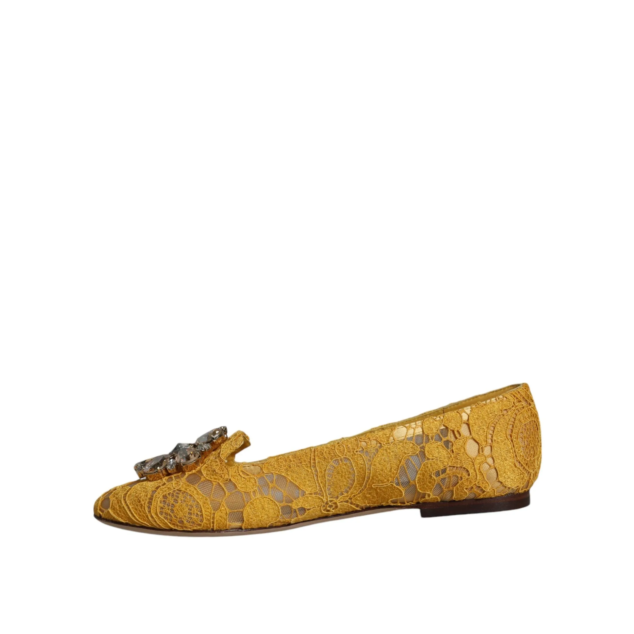 Dolce & Gabbana Mustard Lace Crystal Ballet Flats Loafer Shoes