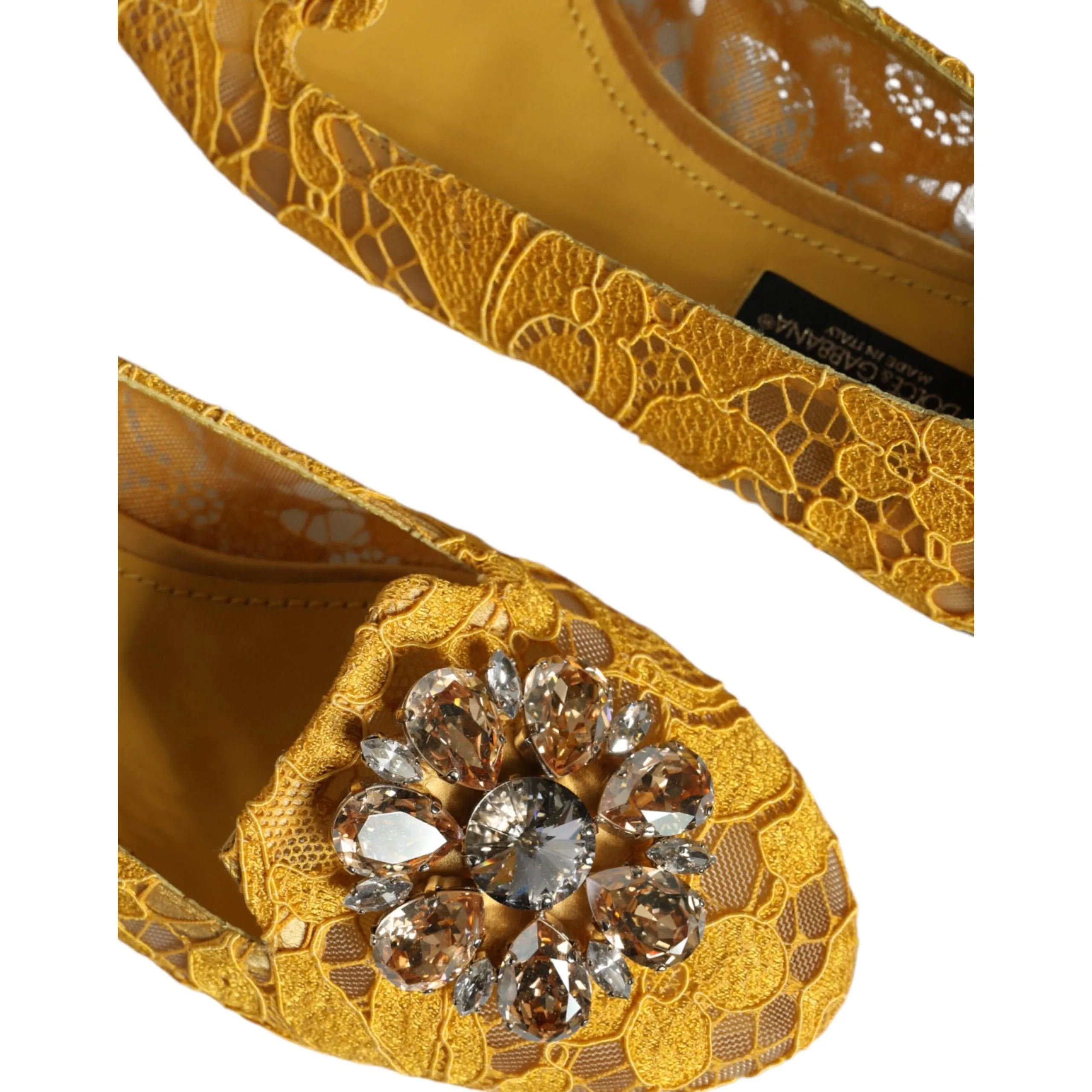 Dolce & Gabbana Mustard Lace Crystal Ballet Flats Loafer Shoes