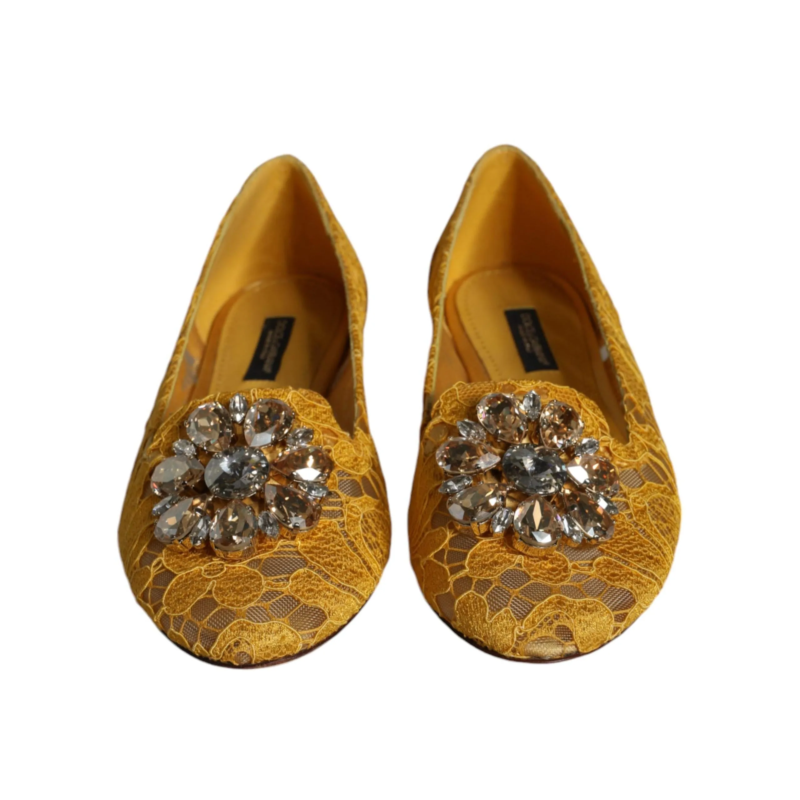 Dolce & Gabbana Mustard Lace Crystal Ballet Flats Loafer Shoes