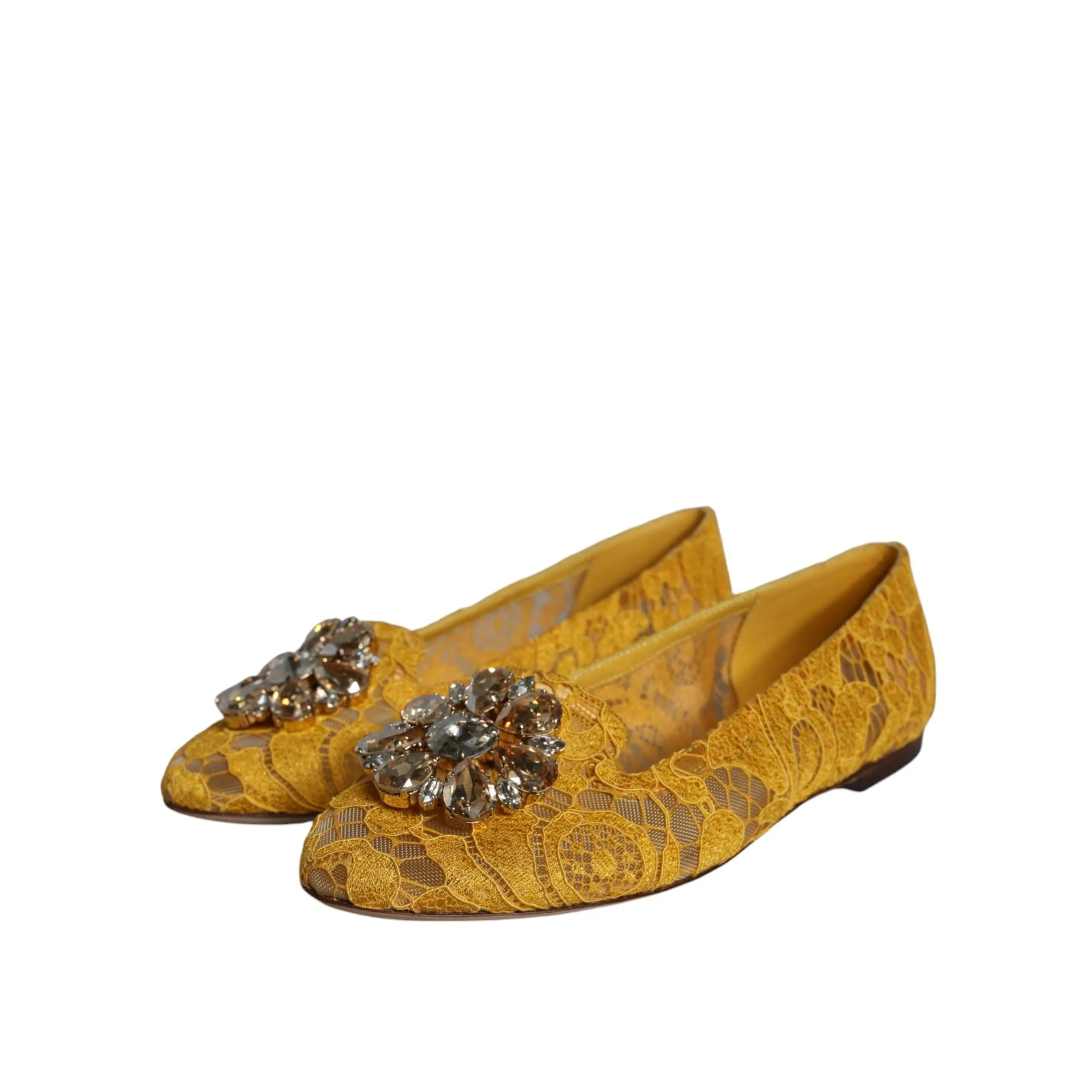 Dolce & Gabbana Mustard Lace Crystal Ballet Flats Loafer Shoes