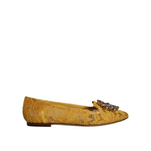 Dolce & Gabbana Mustard Lace Crystal Ballet Flats Loafer Shoes