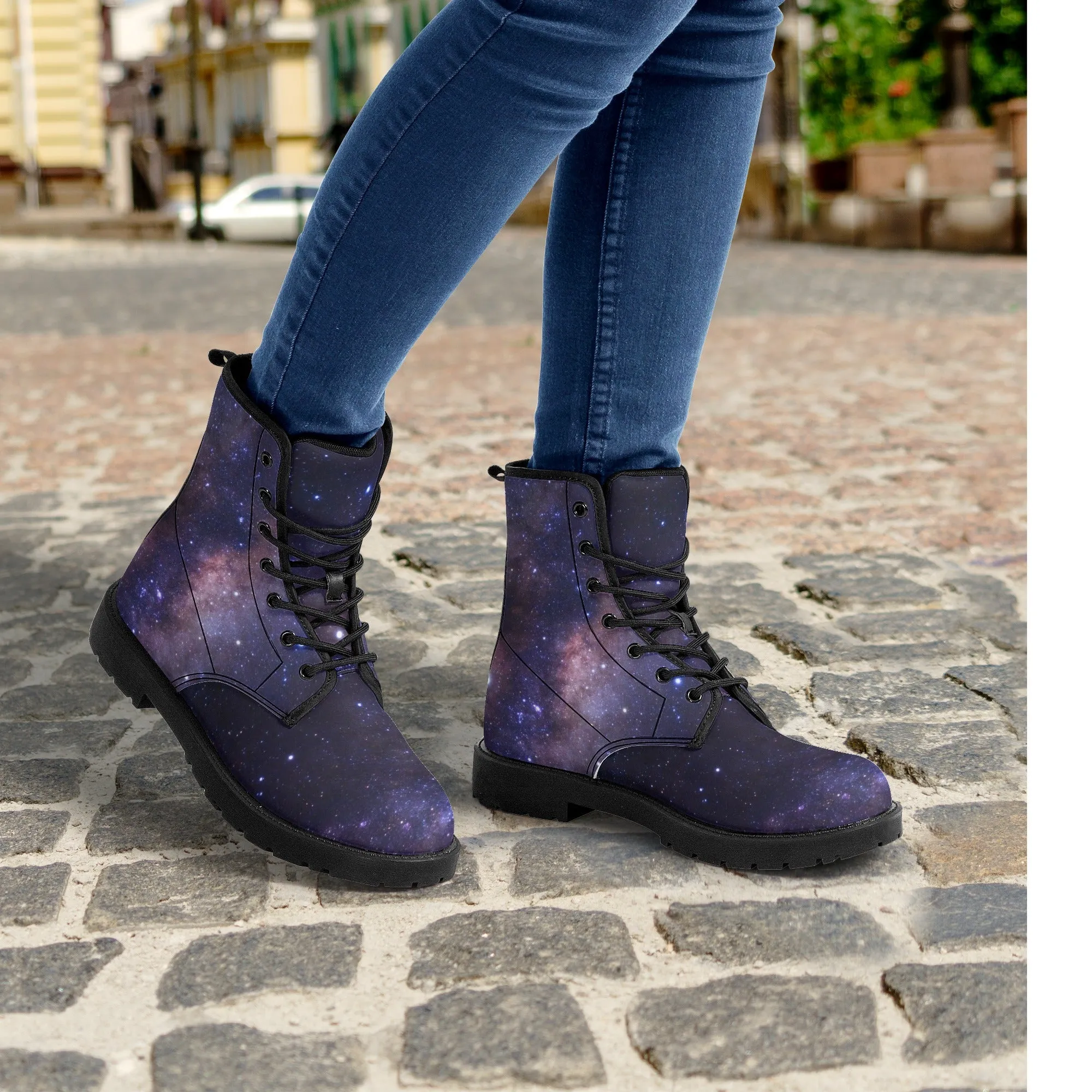 Galaxy Women Leather Boots, Outer Space Lace Up Shoes Hiking Festival Black Ankle Combat Vegan Winter Casual Custom Gift