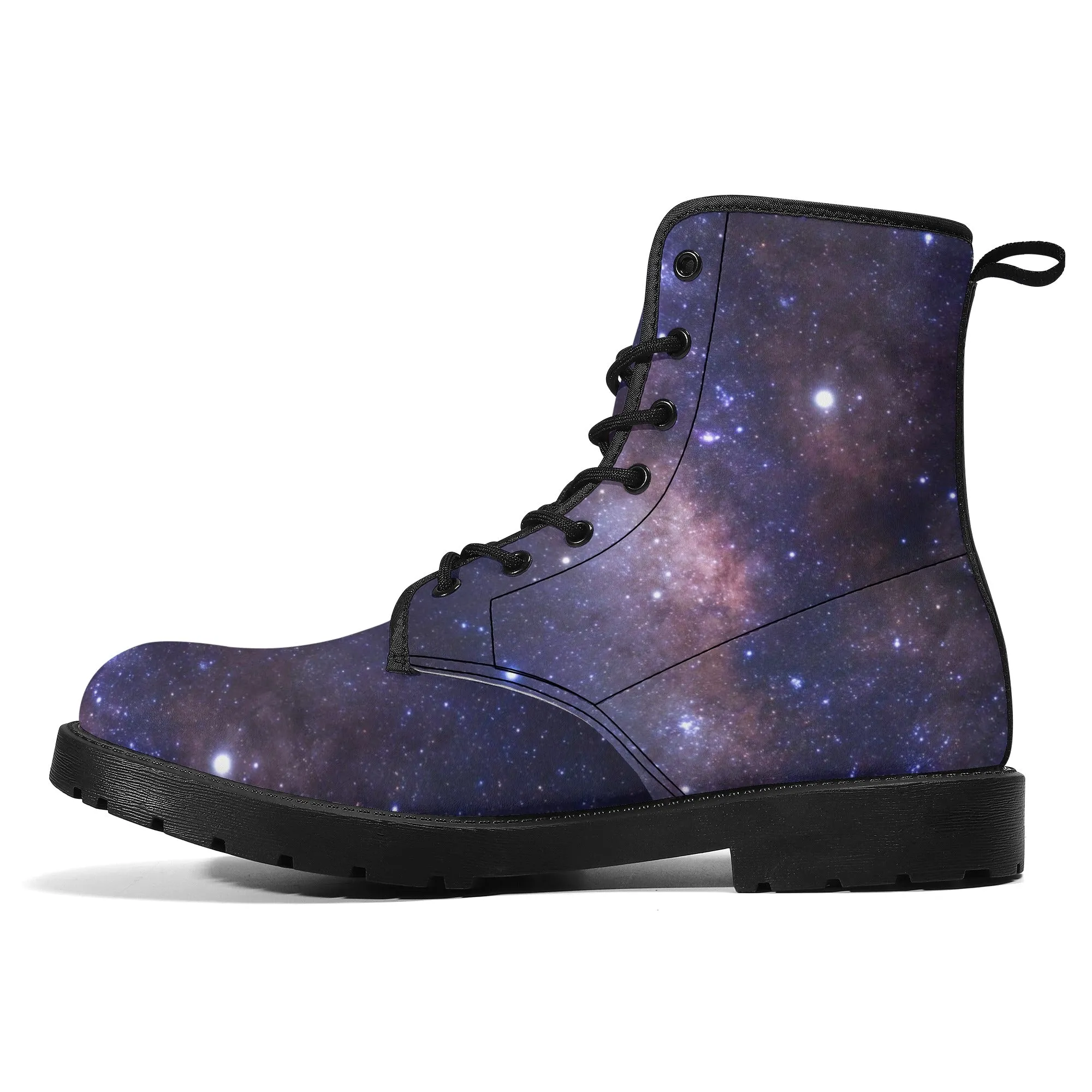 Galaxy Women Leather Boots, Outer Space Lace Up Shoes Hiking Festival Black Ankle Combat Vegan Winter Casual Custom Gift