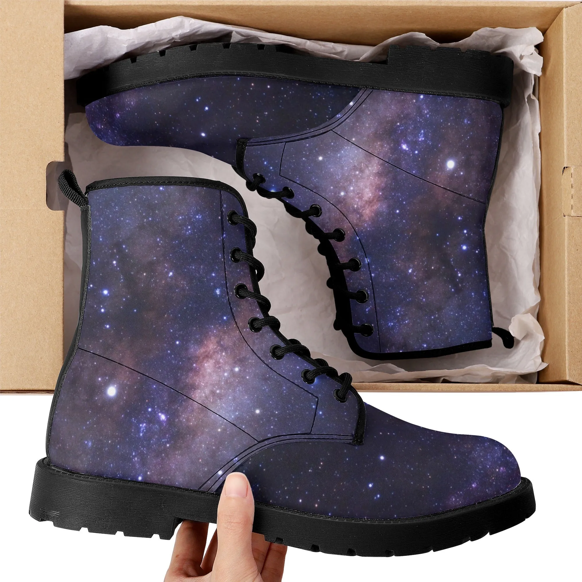 Galaxy Women Leather Boots, Outer Space Lace Up Shoes Hiking Festival Black Ankle Combat Vegan Winter Casual Custom Gift