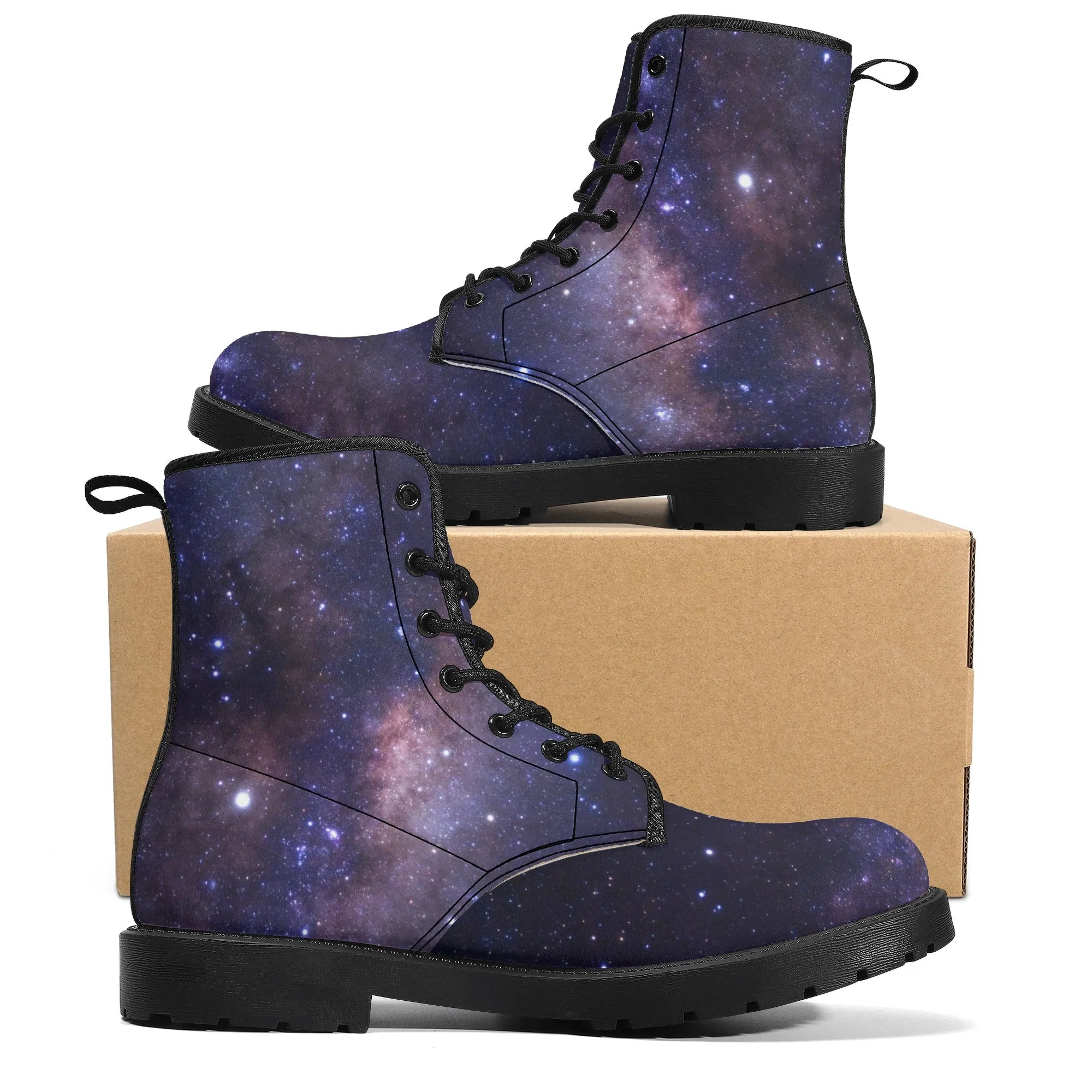 Galaxy Women Leather Boots, Outer Space Lace Up Shoes Hiking Festival Black Ankle Combat Vegan Winter Casual Custom Gift