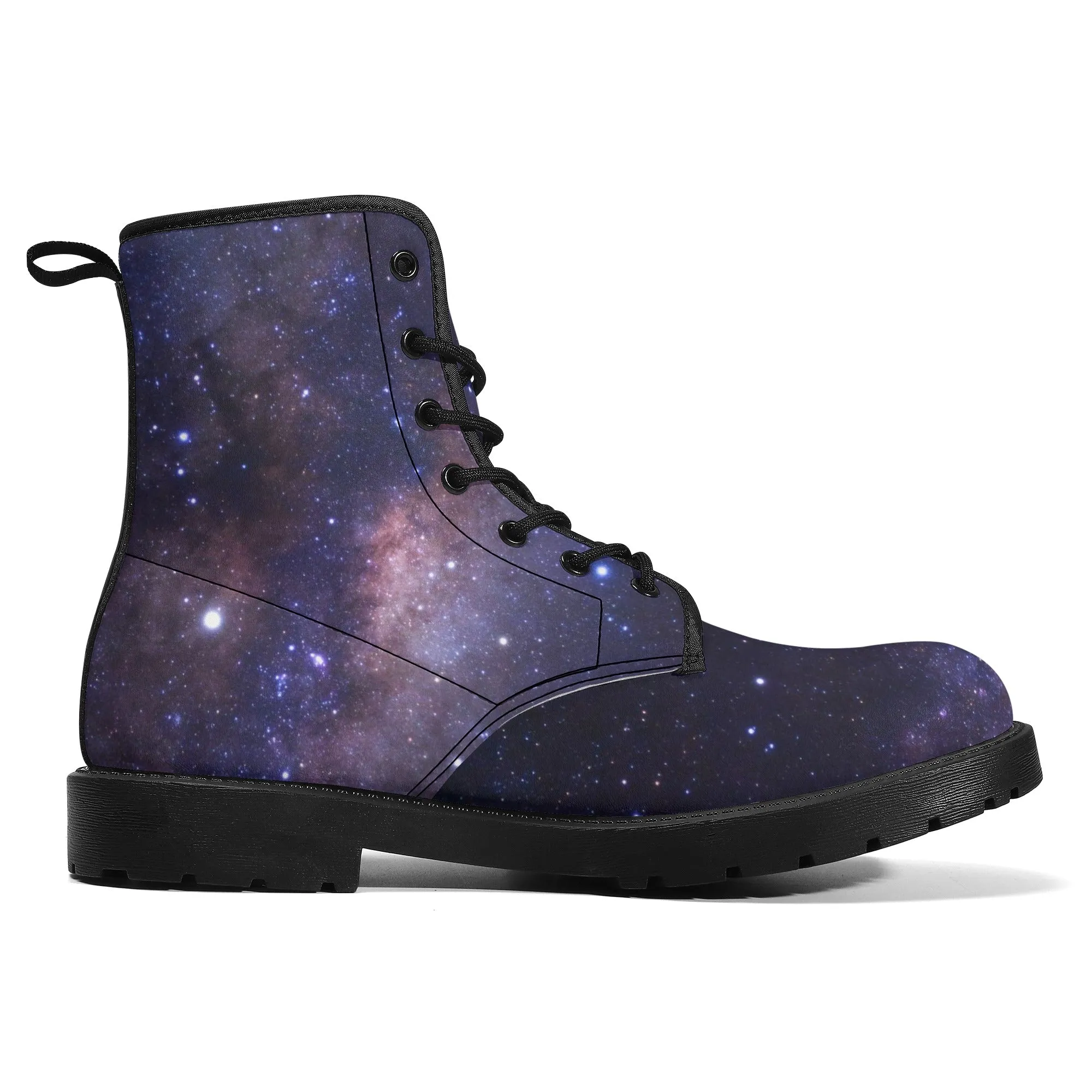 Galaxy Women Leather Boots, Outer Space Lace Up Shoes Hiking Festival Black Ankle Combat Vegan Winter Casual Custom Gift