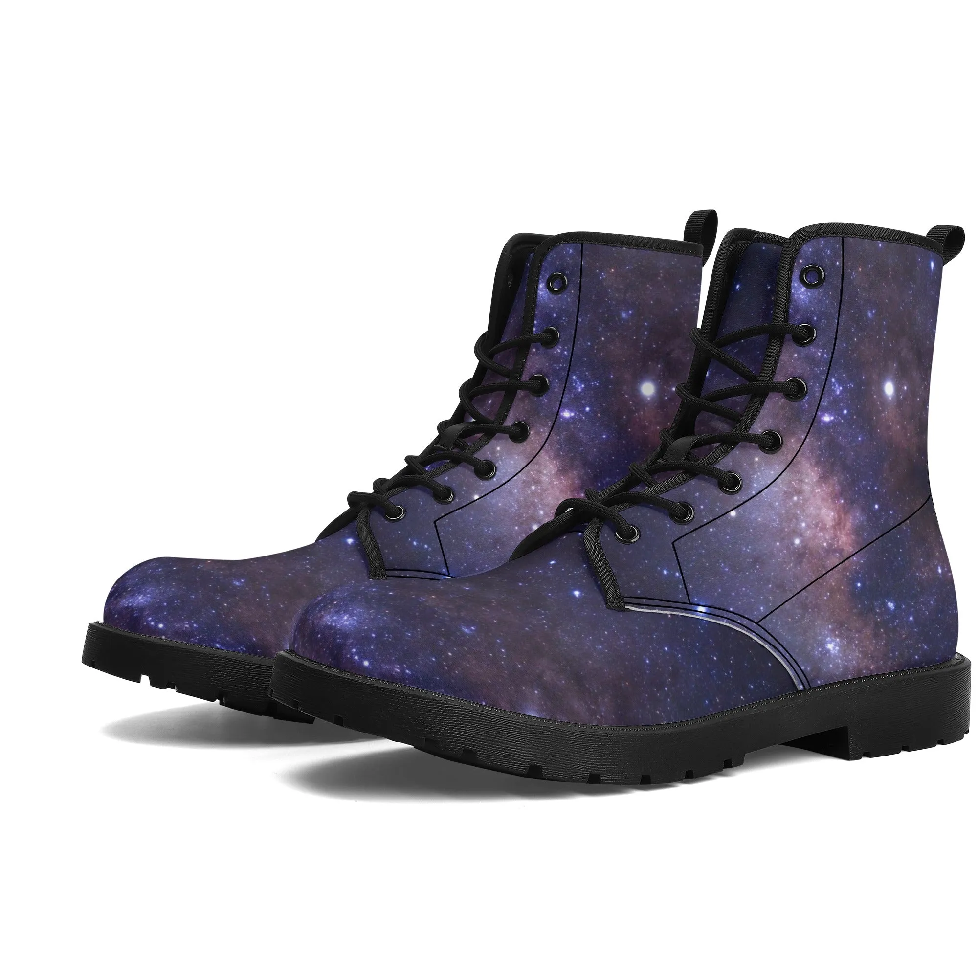 Galaxy Women Leather Boots, Outer Space Lace Up Shoes Hiking Festival Black Ankle Combat Vegan Winter Casual Custom Gift