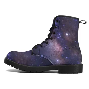 Galaxy Women Leather Boots, Outer Space Lace Up Shoes Hiking Festival Black Ankle Combat Vegan Winter Casual Custom Gift