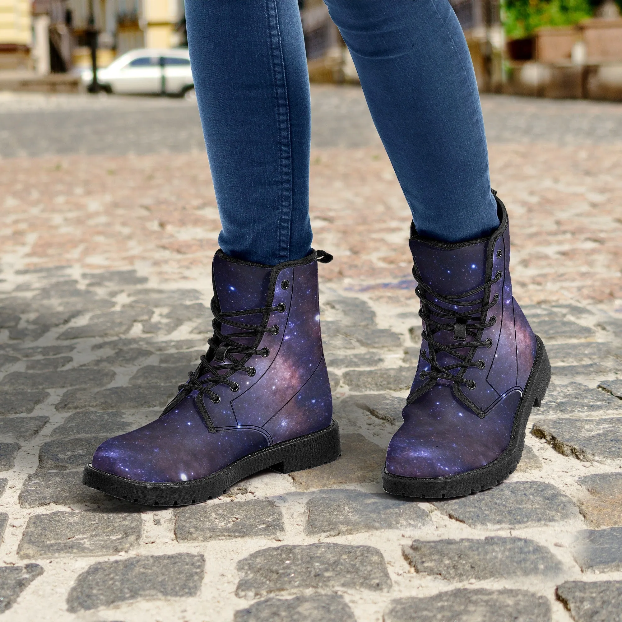 Galaxy Women Leather Boots, Outer Space Lace Up Shoes Hiking Festival Black Ankle Combat Vegan Winter Casual Custom Gift