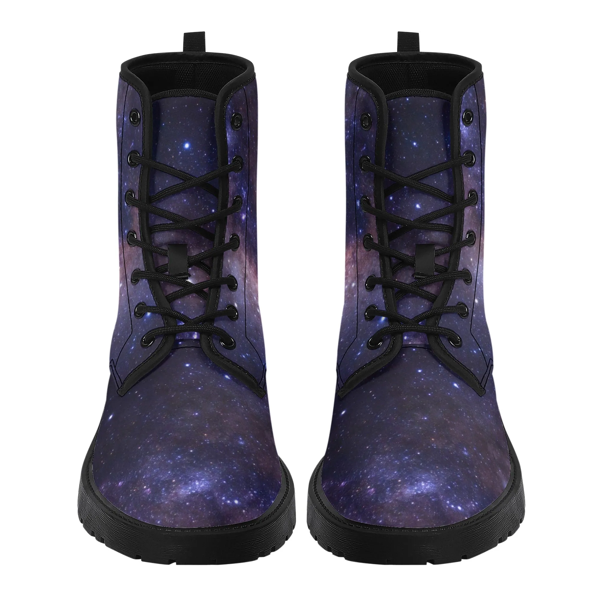 Galaxy Women Leather Boots, Outer Space Lace Up Shoes Hiking Festival Black Ankle Combat Vegan Winter Casual Custom Gift