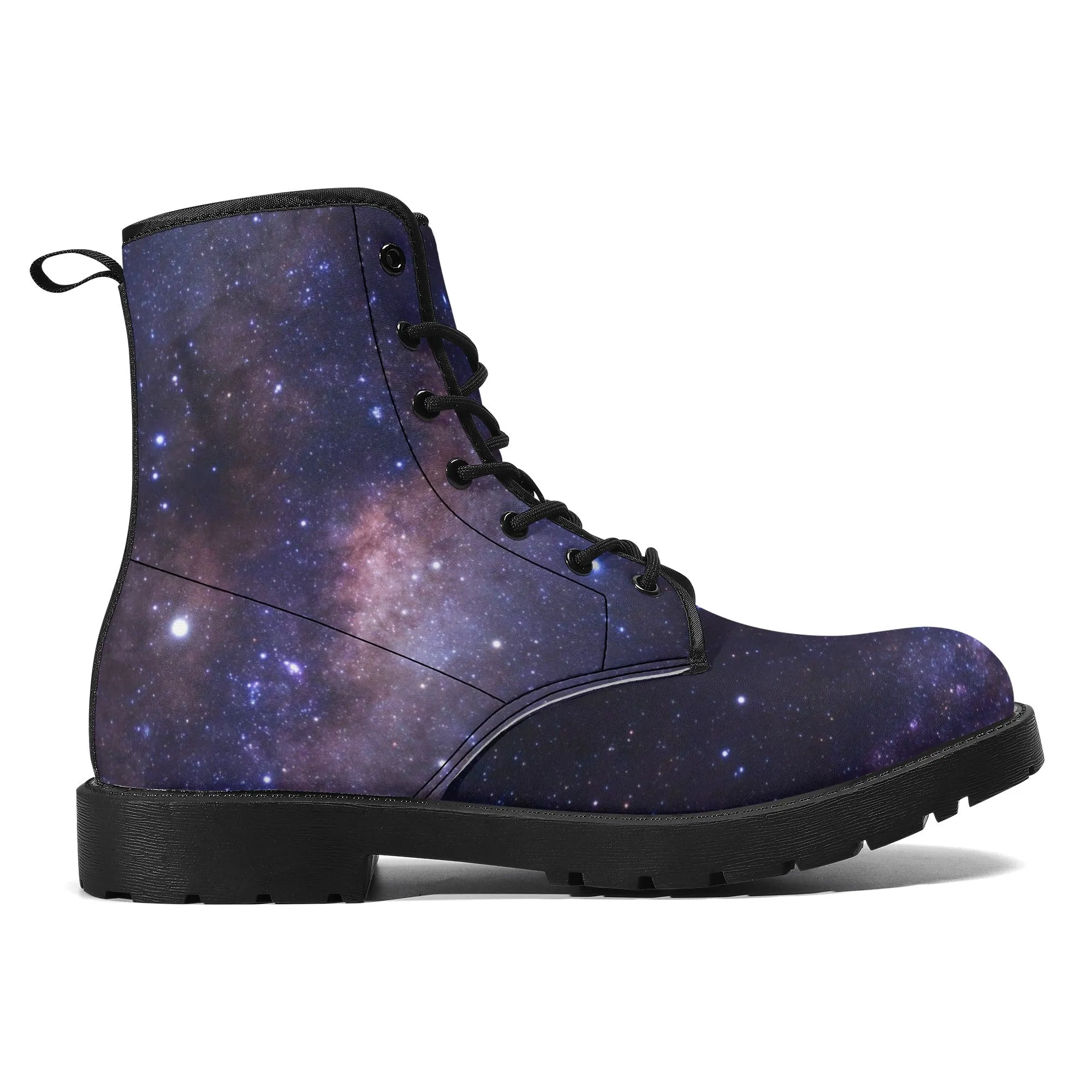 Galaxy Women Leather Boots, Outer Space Lace Up Shoes Hiking Festival Black Ankle Combat Vegan Winter Casual Custom Gift