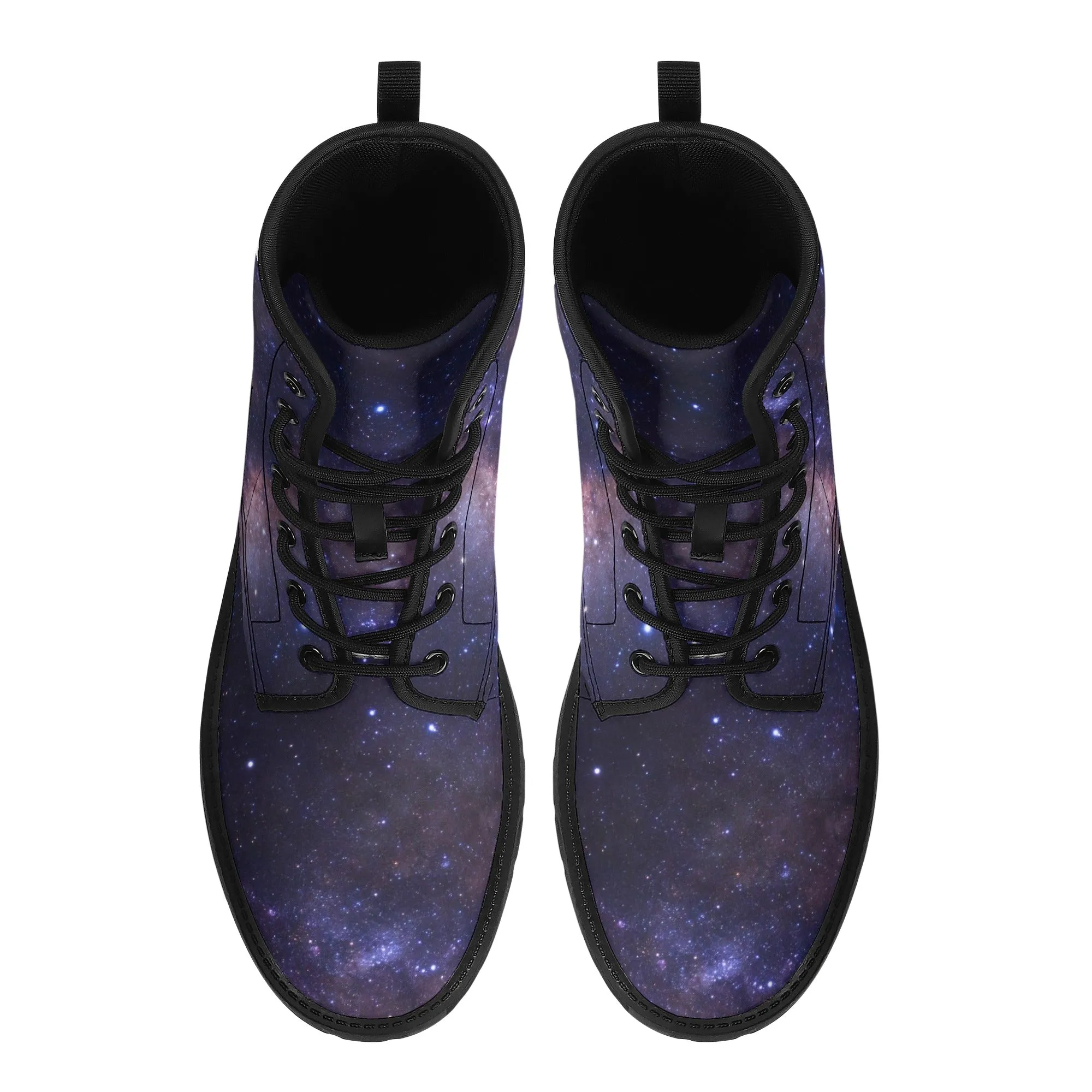 Galaxy Women Leather Boots, Outer Space Lace Up Shoes Hiking Festival Black Ankle Combat Vegan Winter Casual Custom Gift