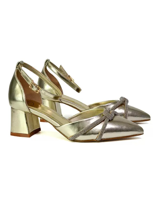 Gracie Diamante Strappy Mid Block Heel Sandals With a Pointed Toe in Gold