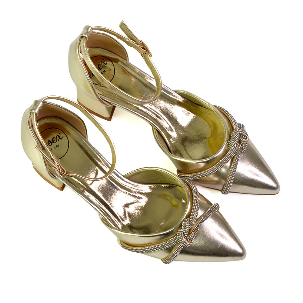 Gracie Diamante Strappy Mid Block Heel Sandals With a Pointed Toe in Gold