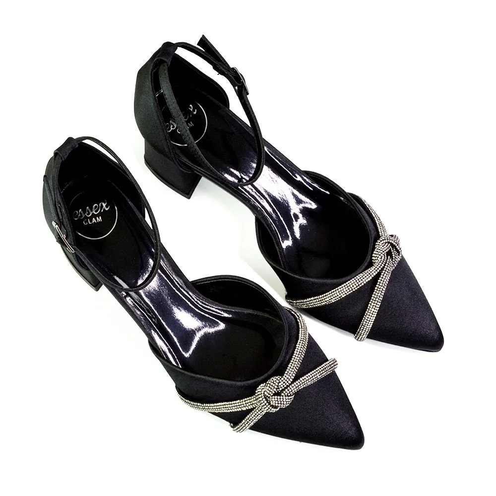 Gracie Diamante Strappy Mid Block Heel Sandals With a Pointed Toe in Silver