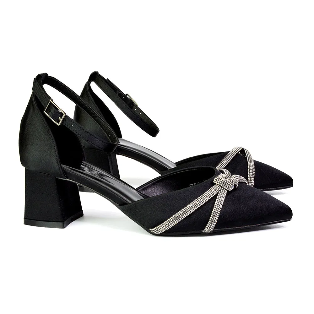 Gracie Diamante Strappy Mid Block Heel Sandals With a Pointed Toe in Silver